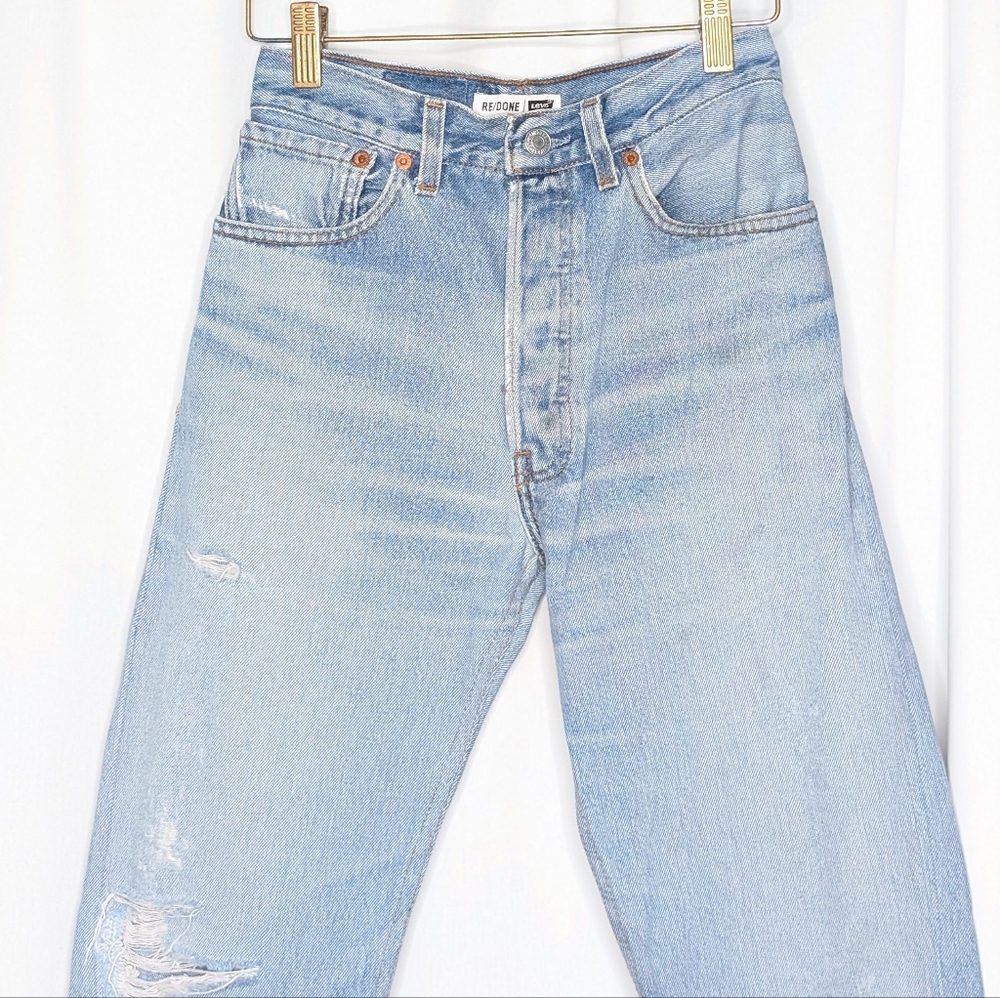 Re/Done Levi's High Rise Stove Pipe Jeans Denim Indigo Cotton Raw Hem - Picture 2 of 12